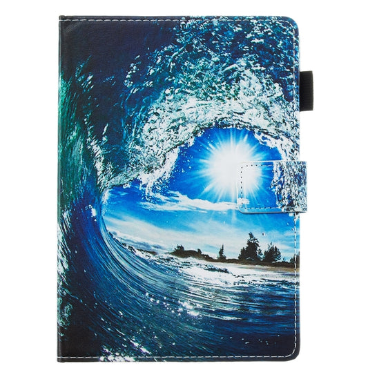 Leather folio case with card slot for Kindle Fire HD 8, blue wave pattern front cover