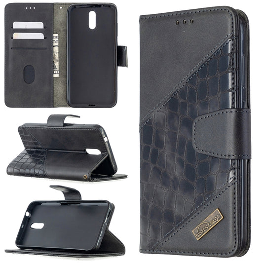Flip PU leather phone case with crocodile texture, wallet card slots, dark grey color.