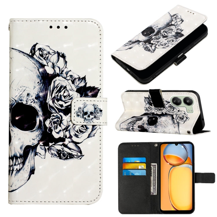 Skull and roses 3D-style flip leather phone case with black-and-white artwork