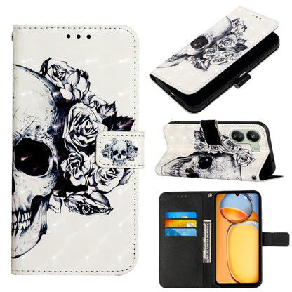 Skull and roses 3D-style flip leather phone case with black-and-white artwork