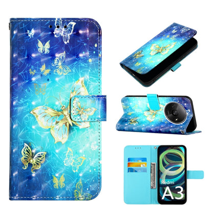 Blue leather flip phone case with butterflies, gold floral pattern, and card slot