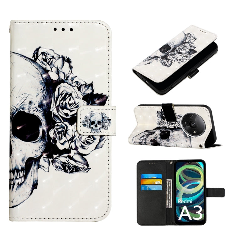 Leather flip phone case with white skull-and-rose artwork and front card slot