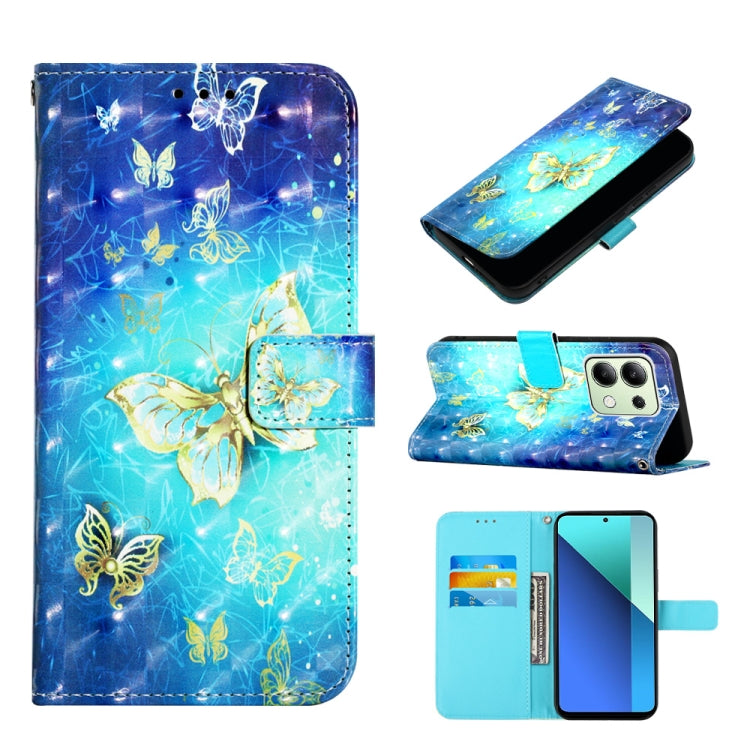 Blue butterfly garden leather flip phone case with card slot, gold butterfly artwork.