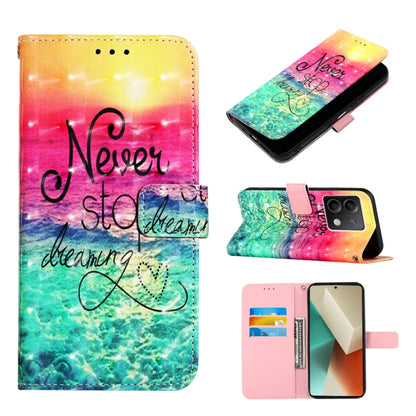 Flip leather phone case, rainbow gradient with “Never stop dreaming” text; card slot flap.