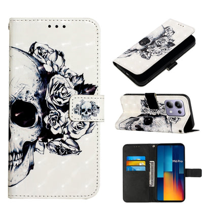 Skull and rose leather flip phone case with card slot, monochrome graphic print.
