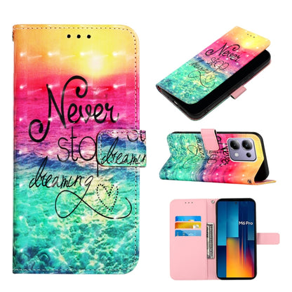 Flip leather phone case with colorful sunset gradient and "Never stop dreaming" text
