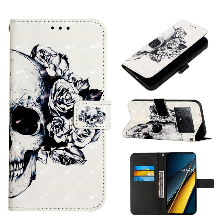 Flip leather phone case with black-and-white skull and rose illustration, card slot