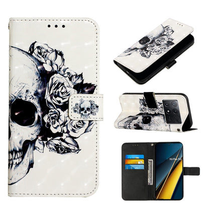 Flip leather phone case with black-and-white skull and rose illustration, card slot