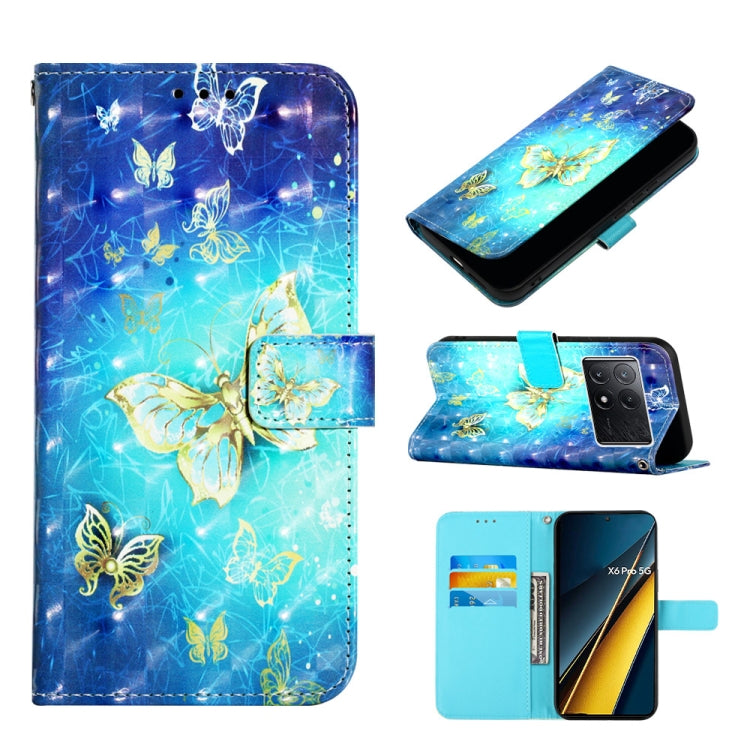 Flip leather phone case with blue butterfly and gold flower design, card slot