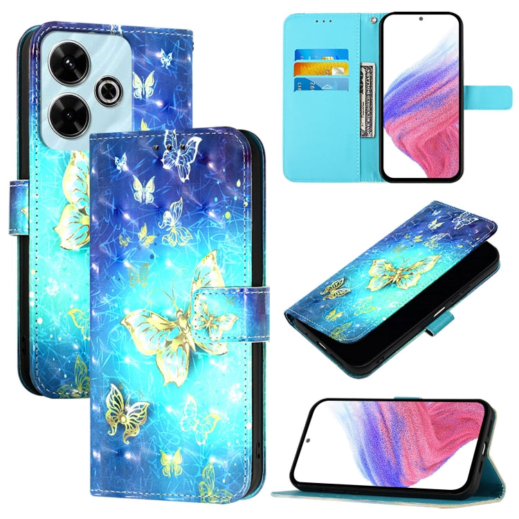 Blue leather flip phone case with 3D golden butterflies and floral pattern