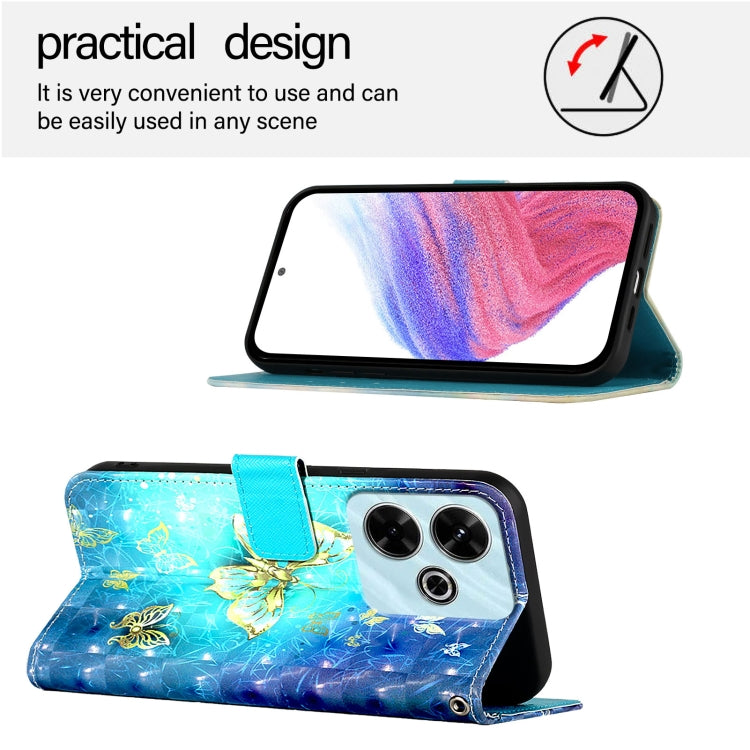 Blue leather flip phone case with 3D golden butterflies, phone closed and open