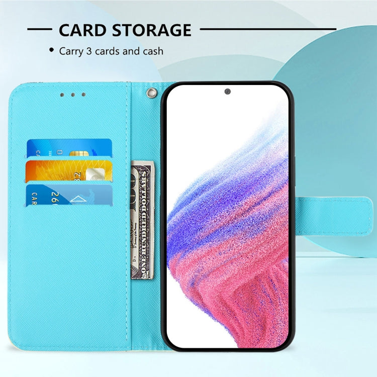 Turquoise leather flip phone case with card slots and visible phone screen