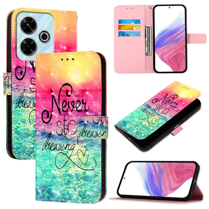 Rainbow leather flip phone case with “Never stop dreaming” script artwork