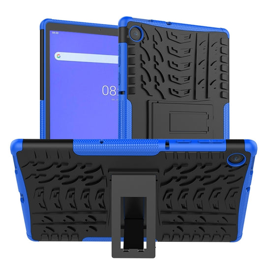 Blue and black tablet protective case with textured TPU shell and built-in kickstand