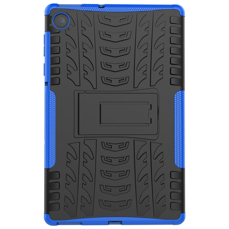 Blue-edged black tablet case with textured grip pattern and camera cutout