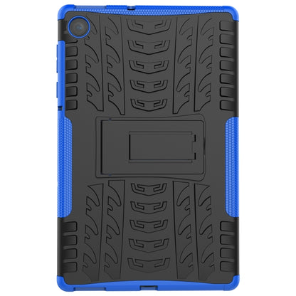 Blue-edged black tablet case with textured grip pattern and camera cutout
