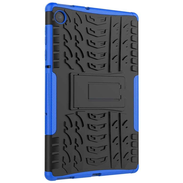 Blue and black tablet protective case with textured back and kickstand holder