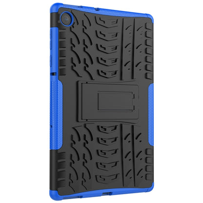 Blue and black tablet protective case with textured back and kickstand holder