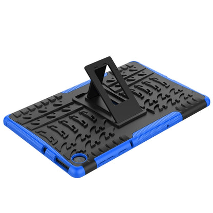 Blue and black rugged tablet case with fold-out kickstand and grip texture