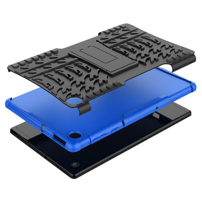 Blue tablet case with black textured kickstand cover and rear camera hole