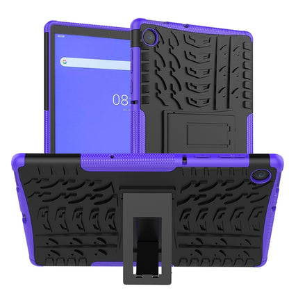 Purple and black tablet protective case with textured back and kickstand holder