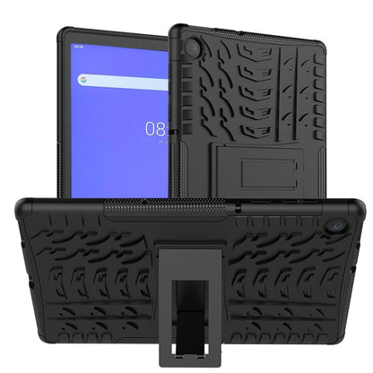 Black rugged tablet protective case with textured grip pattern and front kickstand