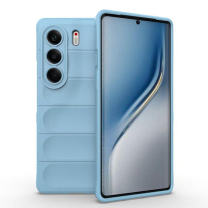 Light blue TPU phone case with ridged back and camera cutouts, front cover raised