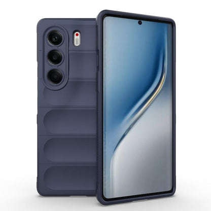 Dark blue TPU phone case with ridged back and camera cutouts, front cover raised