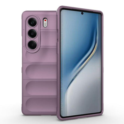 Purple/mauve TPU phone case with ridged back and camera cutouts, front cover raised