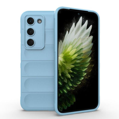 TPU + flannel phone case with camera cutouts and raised edges, light blue backing