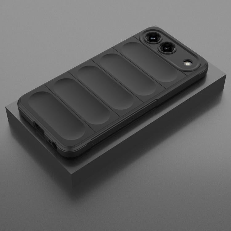 Dark gray TPU flannel phone case with ridged back and dual camera cutouts
