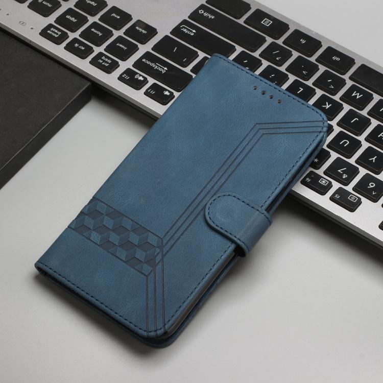 Blue flip wallet phone case with stitched edges and card holder flap