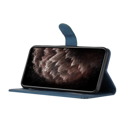 Blue flip leather phone case with stand flap and open viewing angle