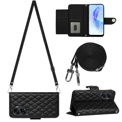 Rhombic Texture Flip Leather Phone Case with Long Lanyard, For Honor X6a, For Honor 90 Lite, For Honor 90