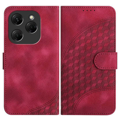 Red leather phone case with embossed cube pattern and foldover wallet flap