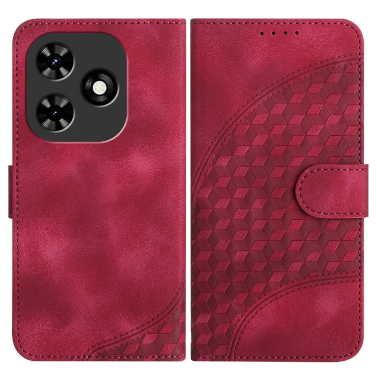 Rose pink leather phone wallet case with camera cutout, embossed geometric back, and side strap closure