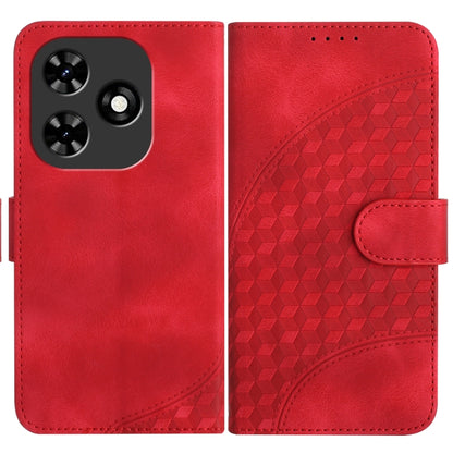 Red leather phone wallet case with camera cutout, embossed geometric back, and side strap closure