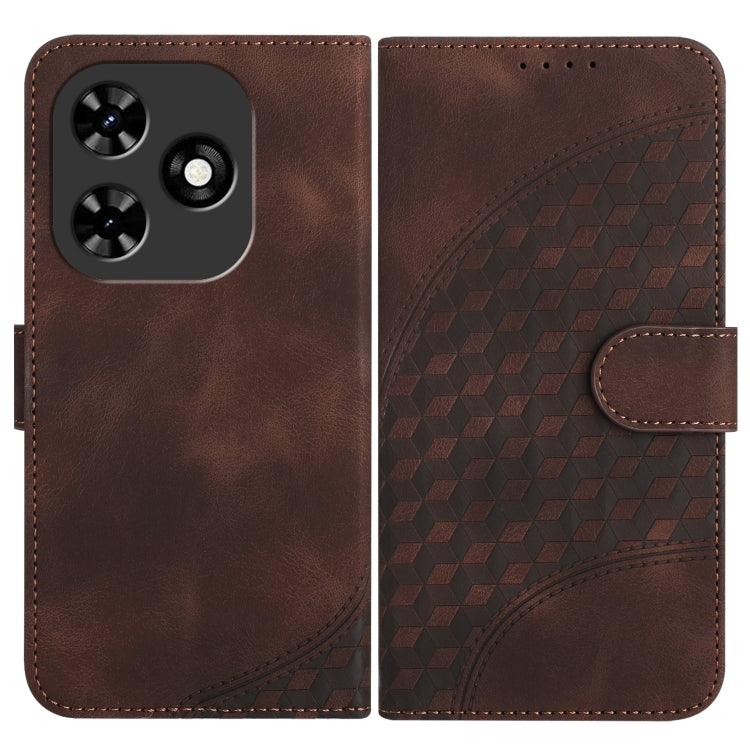 Coffee brown leather phone wallet case with camera cutout, embossed geometric back, and side strap closure