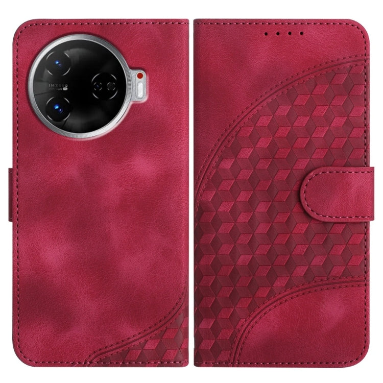 Red faux-leather wallet phone case with embossed cube pattern and magnetic flap