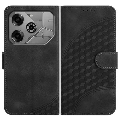 Black elephant-embossed leather phone case with dual camera cutout and side latch