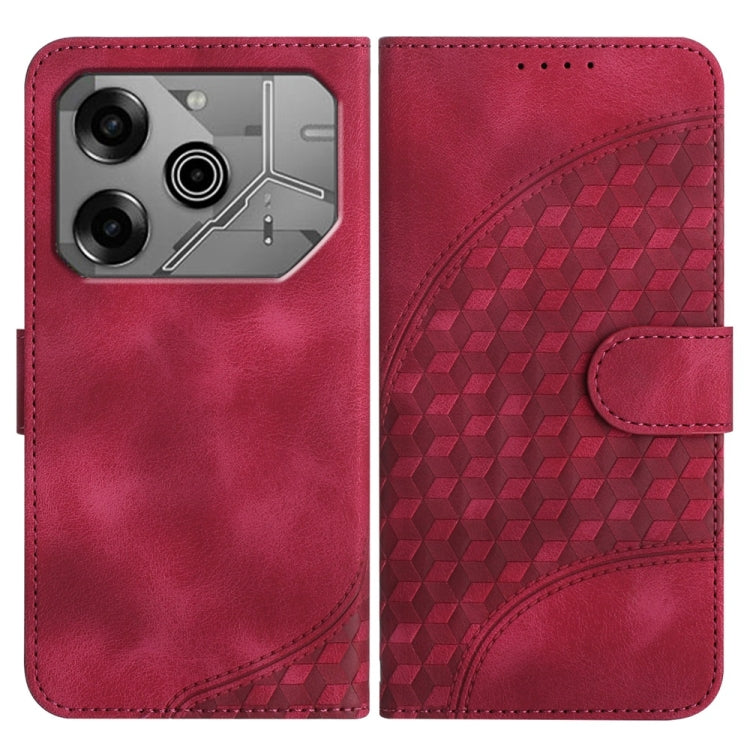 Red elephant-embossed leather phone case with triple camera cutout and snap strap