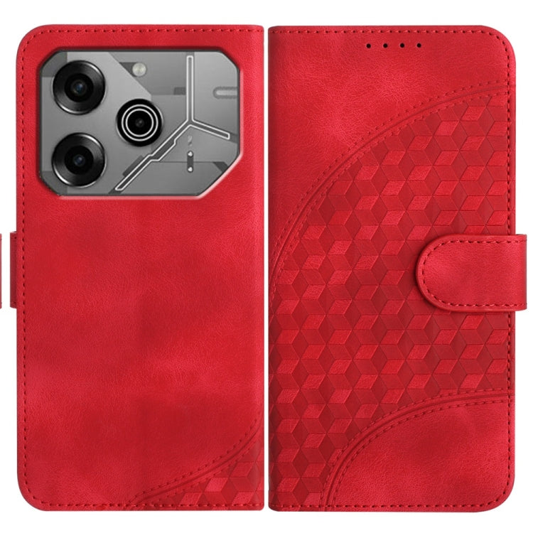 Red elephant-embossed leather phone case with triple camera cutout and snap strap