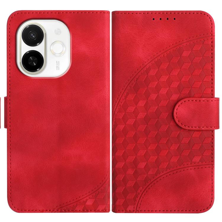 Red wallet-style leather phone case with geometric cube pattern and front card flap