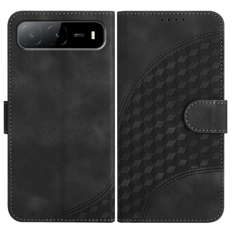 Black textured phone wallet case with embossed geometric panel and magnetic flap