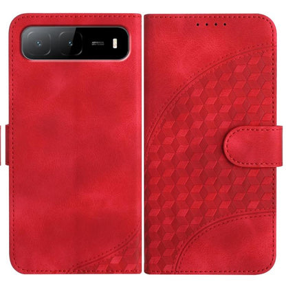 Red faux-leather wallet case with embossed geometric panel and magnetic closure