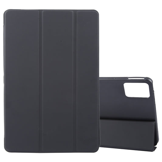 Black tri-fold tablet case with side stand and cutout for the camera