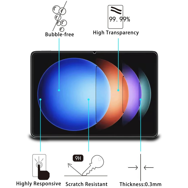 Tempered glass screen protector film on a tablet screen, 9H and 0.3mm shown