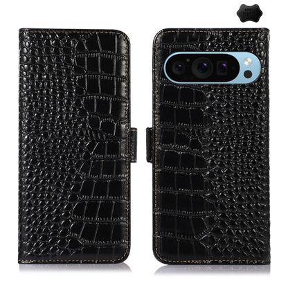 Black crocodile-texture leather flip phone case, open and closed, camera cutout