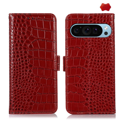 Red crocodile-texture leather flip phone case with camera cutout, open and closed