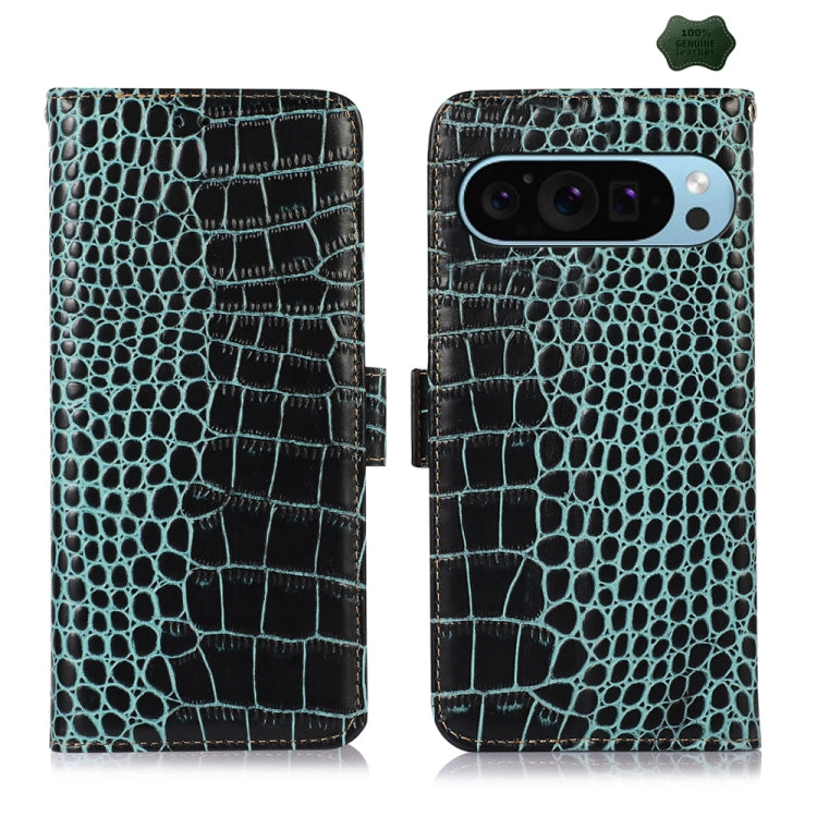 Blue-green crocodile-texture leather flip phone case with camera cutout, open and closed